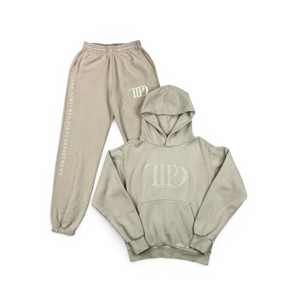 Official Taylor Swift TTPD Parchment Tan Embossed Hoodie & Sweatpants Set Size S